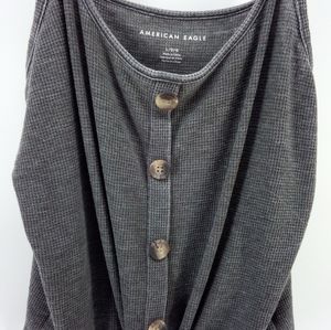 AEO Waffle Gray Tank Top Buttons Bow Cotton Blend 2019 L American Eagle Outfitte